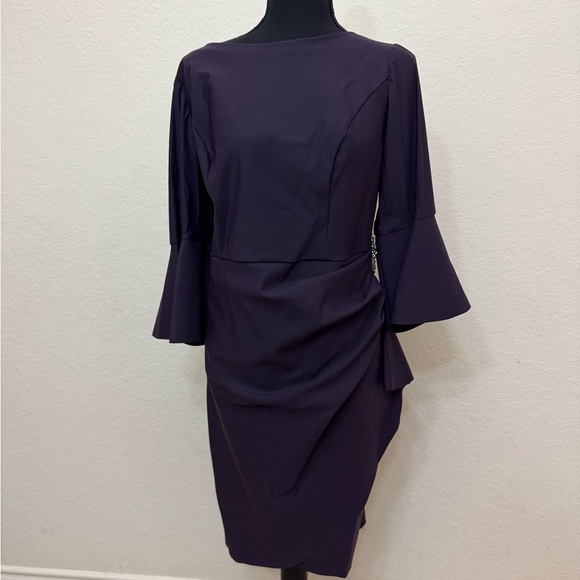 Alex Evenings Scuba Crepe Round Neck 3/4 Bell Sleeve Embellished Brooch - Picture 5 of 5